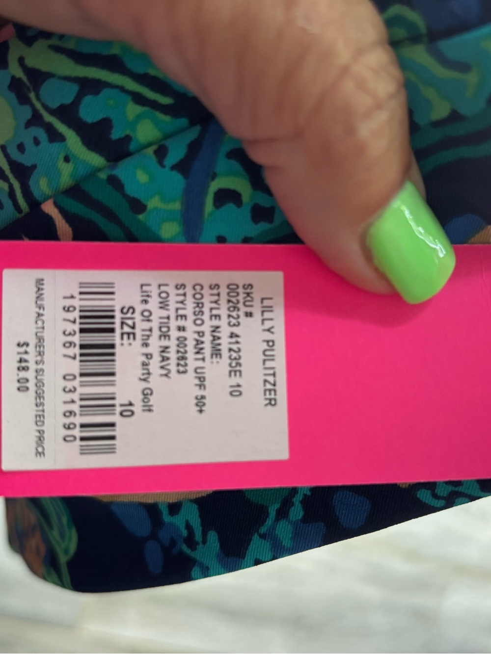 Lilly Pulitzer Navy Corso Pants with Green and Pink Tropical Print - Picture 5 of 5